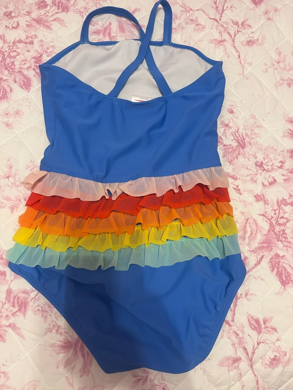 Hanna Andersson Blue Girls One-Piece Swimsuit with Rainbow Ruffles